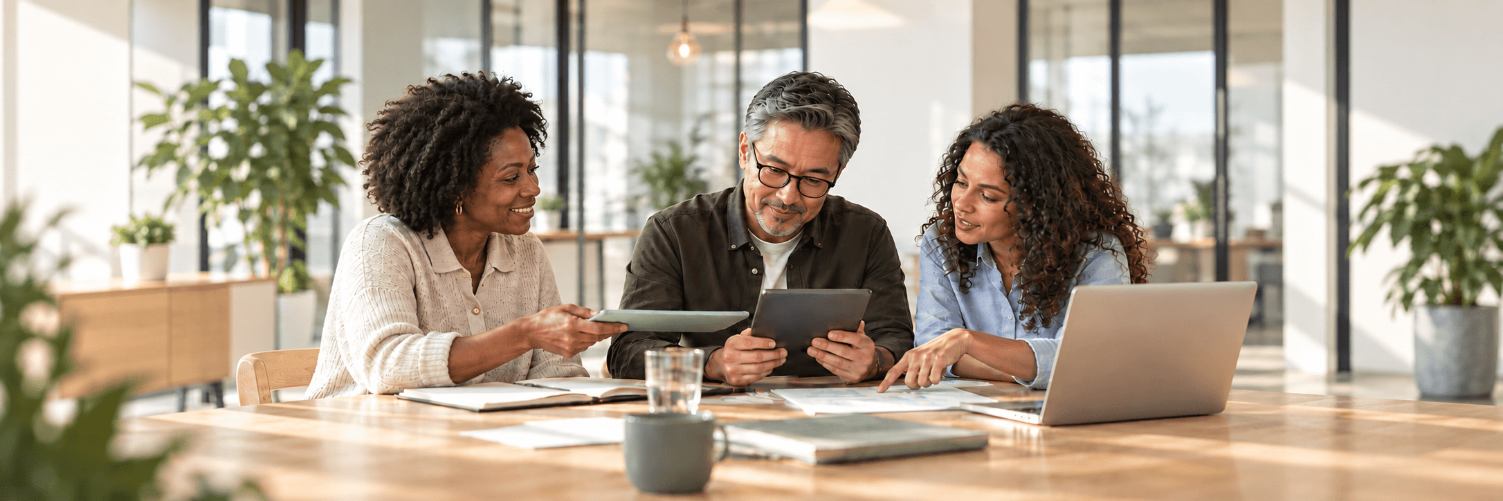 Drie collega's werken samen aan een bureau in een licht kantoor.